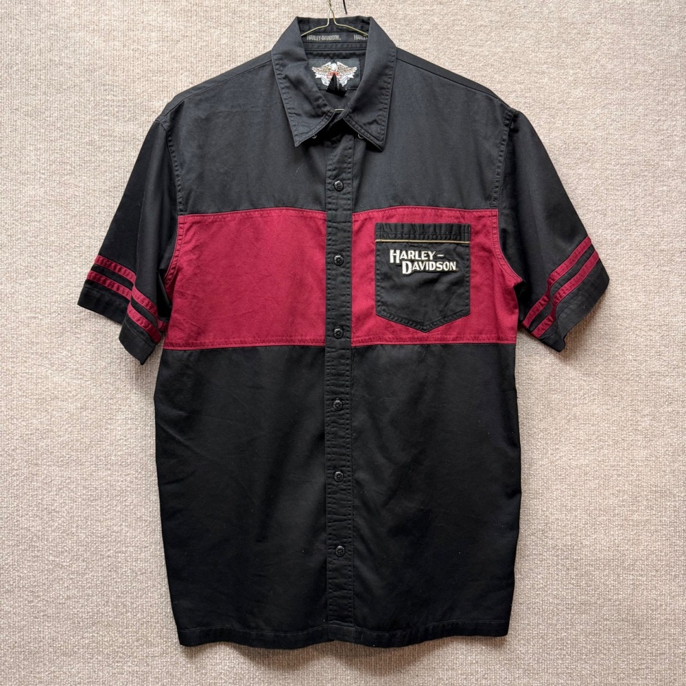 Harley-Davidson Mens Black Burgundy Colorblock Embroidered Button Up Shirt‎ M
